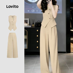 Lovito Casual Pregas Calças Caqui Primavera/verão ou Tops para Mulheres L195ED010