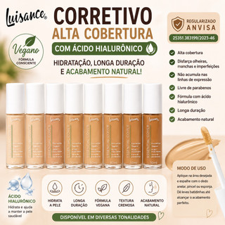 Corretivo Essential Luisance Vegano Alta Cobertura Ácido Hialurônico Longa Duração Olheiras Manchas Hidratante Facial