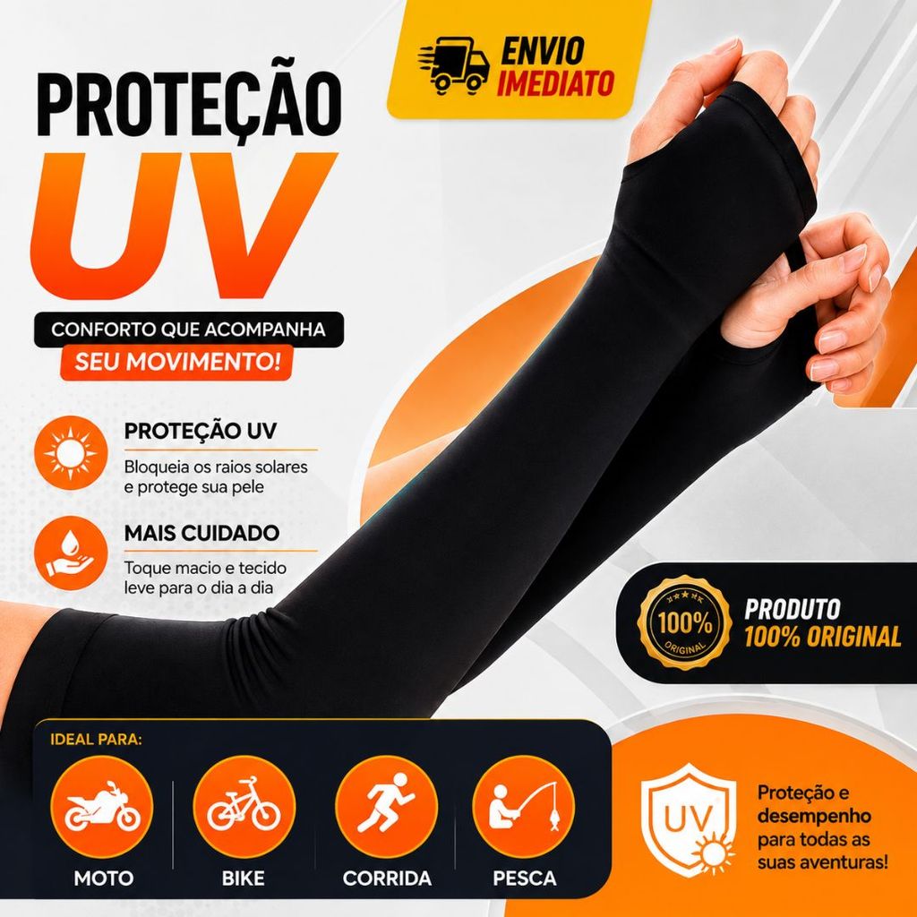 Manguito esportivo com encaixe para dedo, proteção UV50+, perfeito para ciclismo e uso diário.