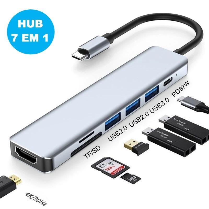 Hub USB-C 7 em 1 com HDMI 4K 30Hz, USB 3.0, USB 2.0, SD e TF, Leitor de Cartão