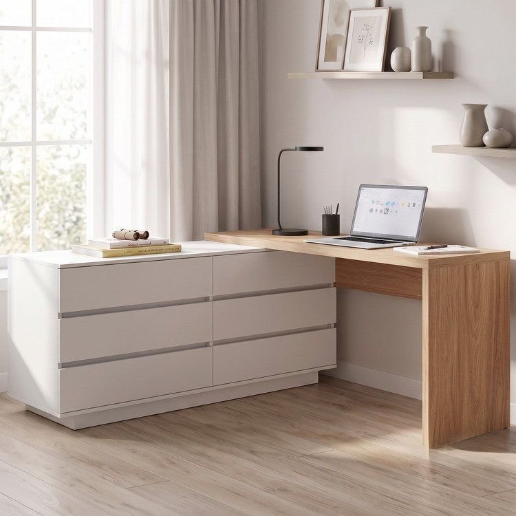 Escrivaninha em L ou Reta Oring 6 Gavetas 139,8cm CabeCasa MadeiraOriginals Branco/Itapuã