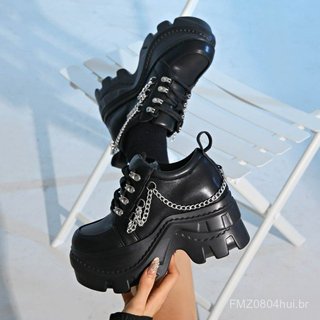 Novos Sapatos Chunky Góticos Punk Femininos 2025, Plataformas Pretas de PU com Decoração de Corrente, Sapatos Casuais CW