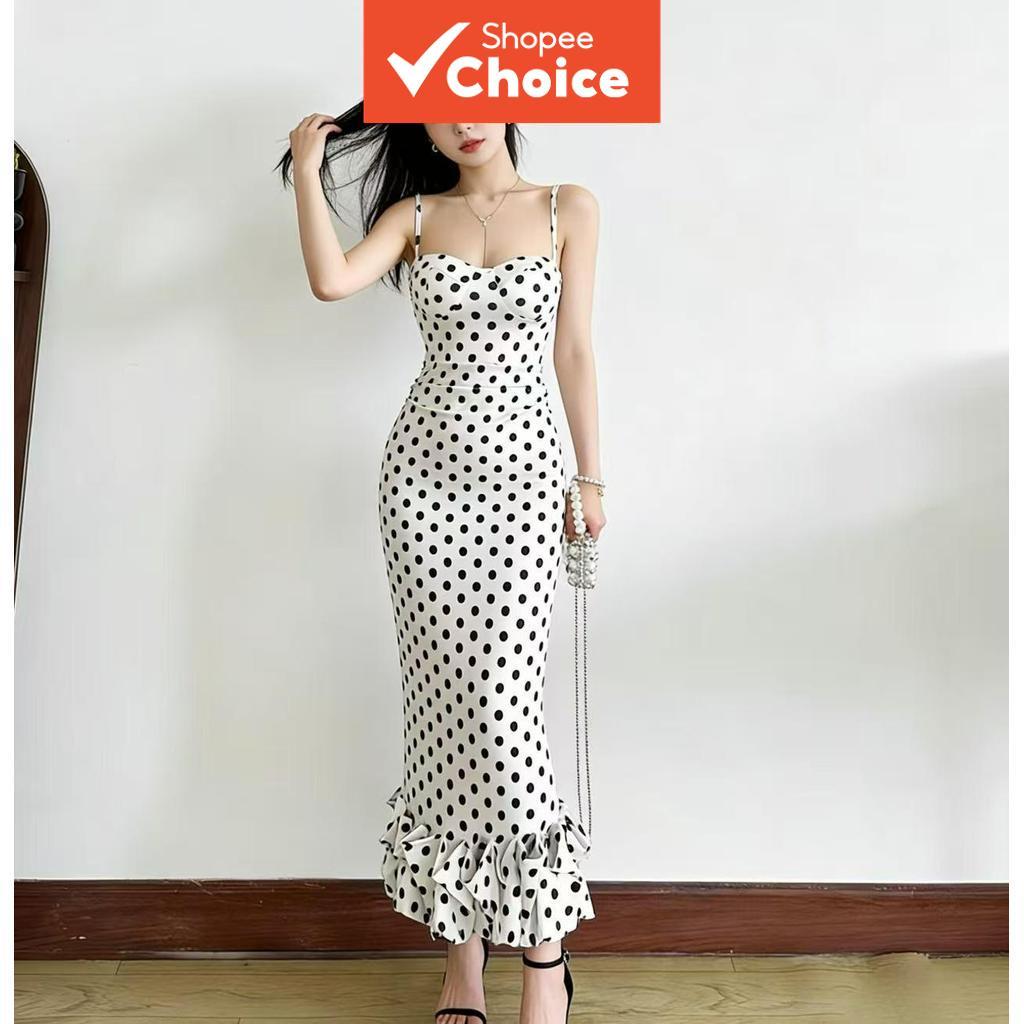  Vestido longo de polca francês com alça, vestido floral elegante e fino na cintura, vestido de temperamento puro de