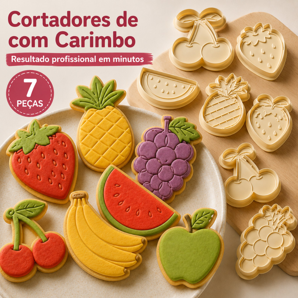 Cortador com Carimbo 7 Peças Kit Frutinhas 7 cm para Biscoito Fondant Biscuit Confeitaria Criativa