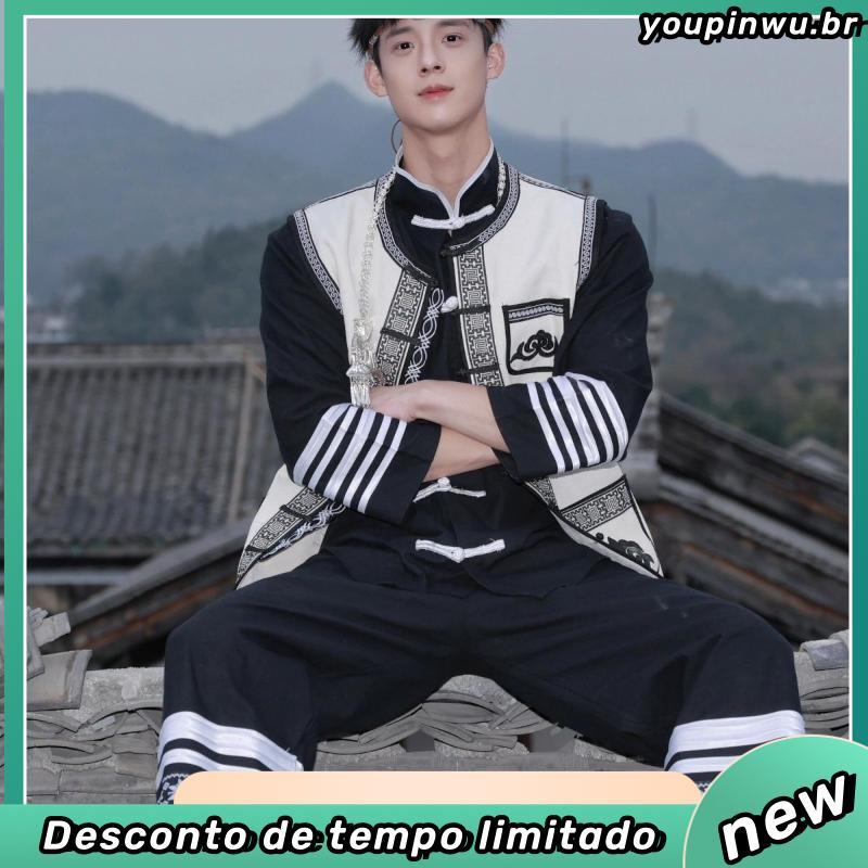 Novo estilo roupas étnicas roupas de viagem fotografia terno Liangshan bordado roupas masculinas foto tocha minoria esti