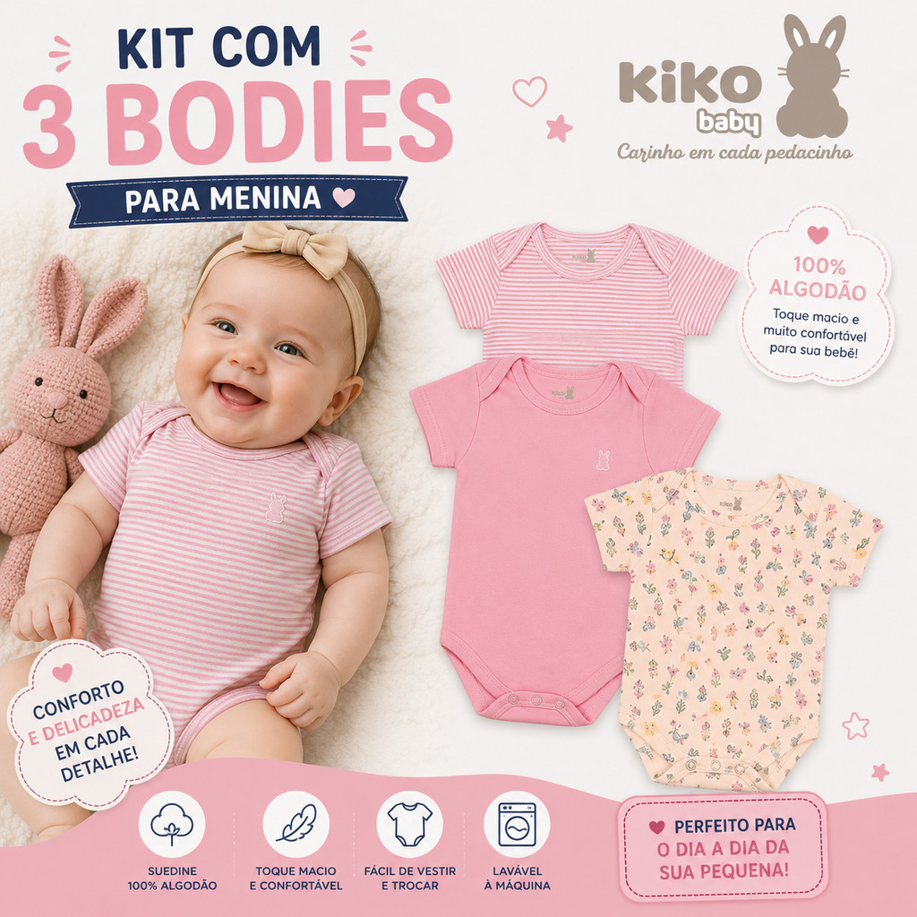 Kit 3 Body Bebê Menina Kiko Baby Manga Curta Suedine 100% Algodão Estampas Sortidas Enxoval