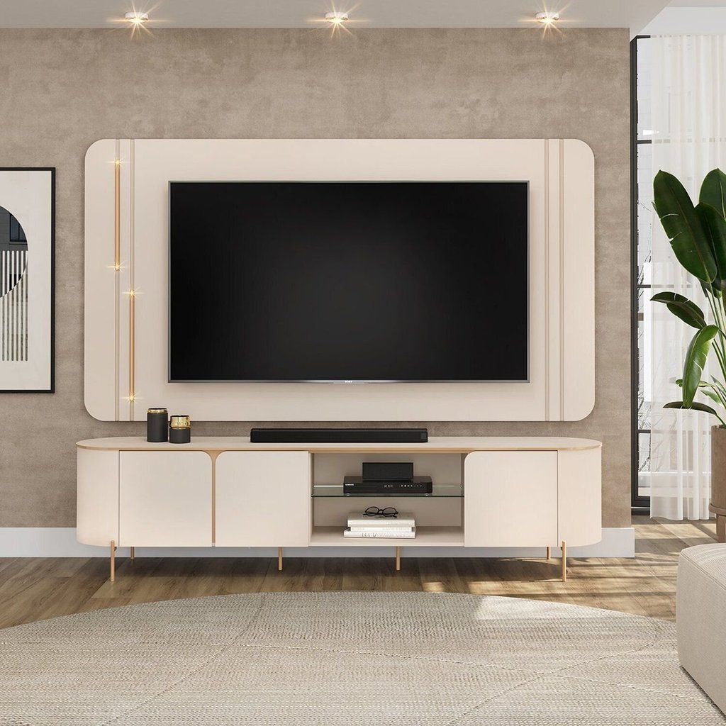 Rack com Painel para TV até 75 Polegadas 100% MDF com LED 241CMX189CM Curvo Ariana Branco