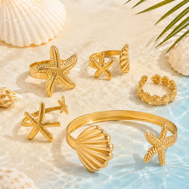 Kit Joias 5 Peças Estilo Praia - Anéis + Pulseira Dourada