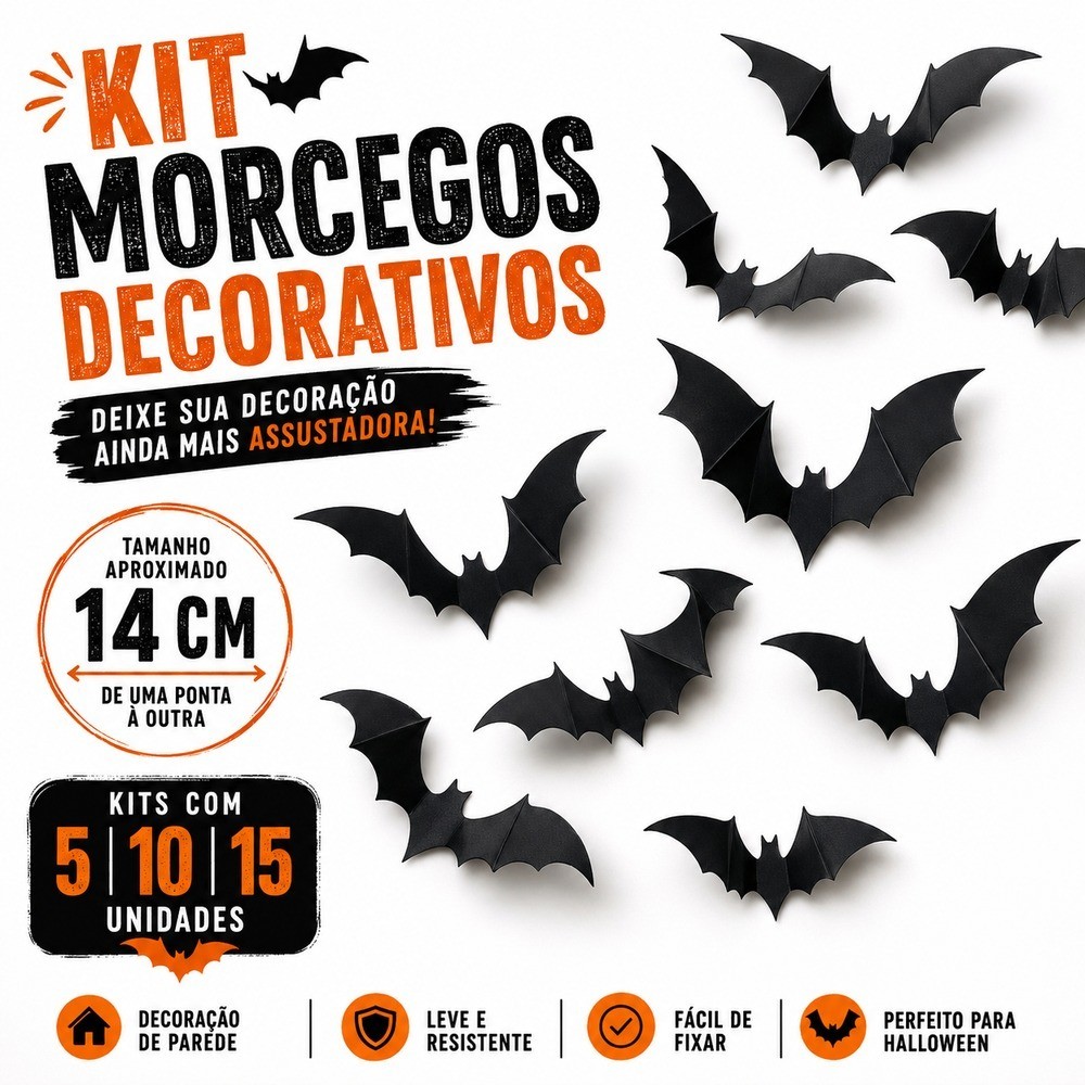 Kit Morcegos Decorativos Halloween 5 10 ou 15 Unidades 14cm Decoração Parede Festa Tema Terror