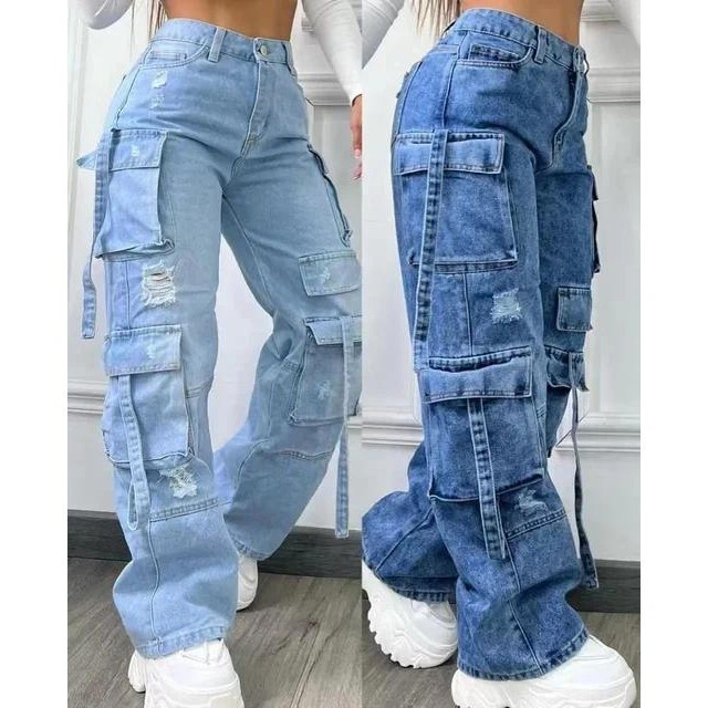 Calça Jeans Casual Feminina de Cintura Alta com Vários Bolsos, Cor Sólida, Tamanhos Grandes, Moda 2026 6683