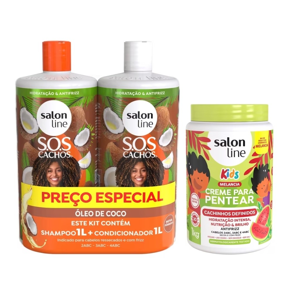 Kit Familia Creme de pentear 1 kg + Shampoo e Condicionador SOS Cachos Coco Salon line