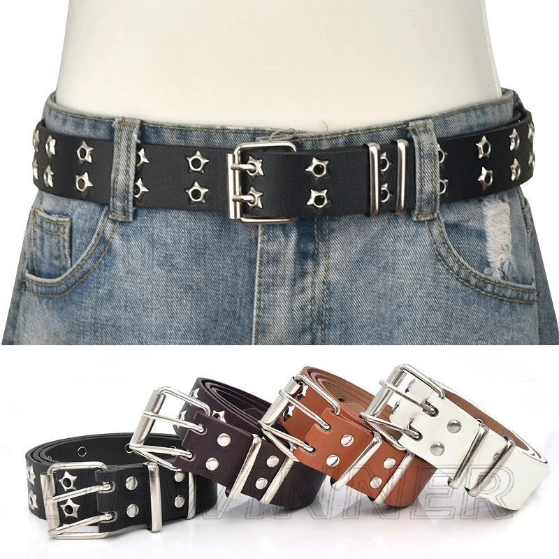 Cinto de couro PU com estrelas incrustadas - cinto de furos duplos - estilo punk - acessório decorativo para jeans - cin