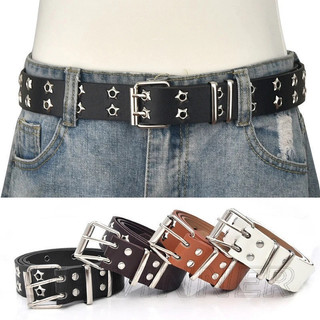 Cinto de couro PU com estrelas incrustadas - cinto de furos duplos - estilo punk - acessório decorativo para jeans - cin