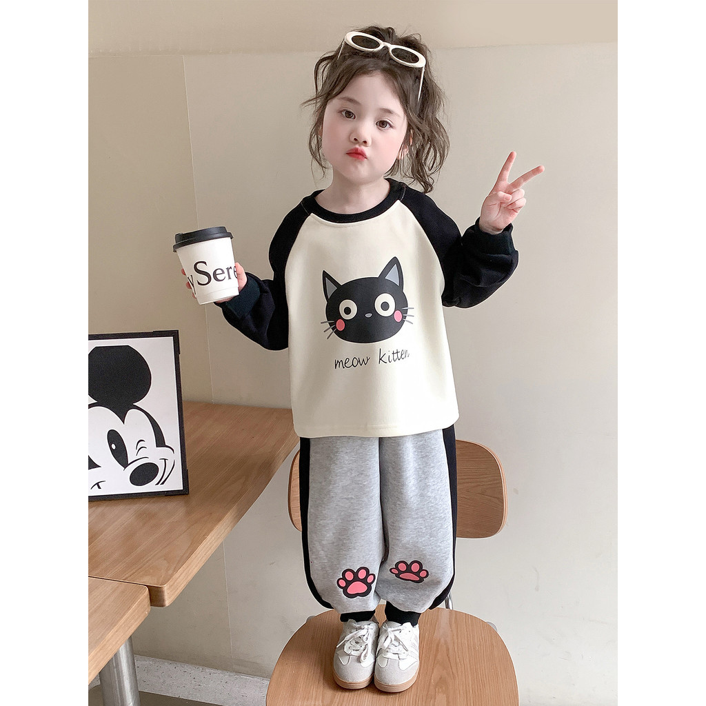 Meninas versão coreana costura moletom conjunto crianças de manga comprida contraste cor pulôver moletom masculino femin