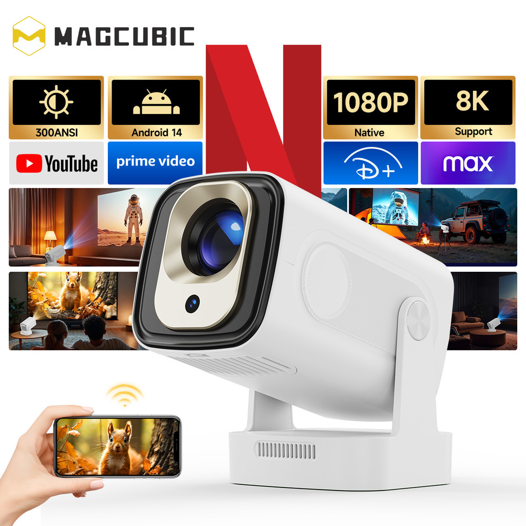 MAGCUBIC HY310 Projetor Portátil 330 ANSI Android 14 Foco Automático Controle Remoto Por Voz WiFi6 BT5.4
