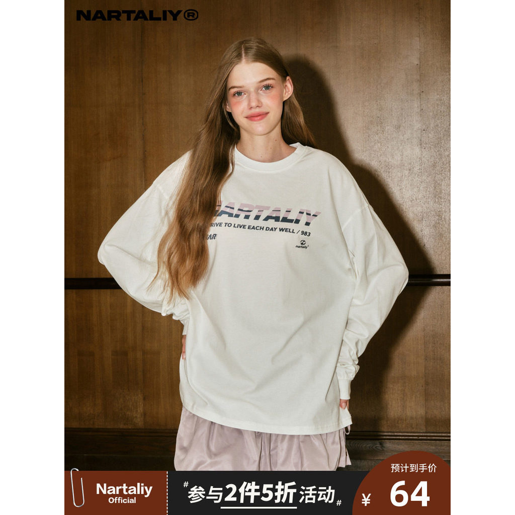 NARTALIY carta impressa americano puro algodão de manga comprida camiseta masculina primavera outono Street Wear simples