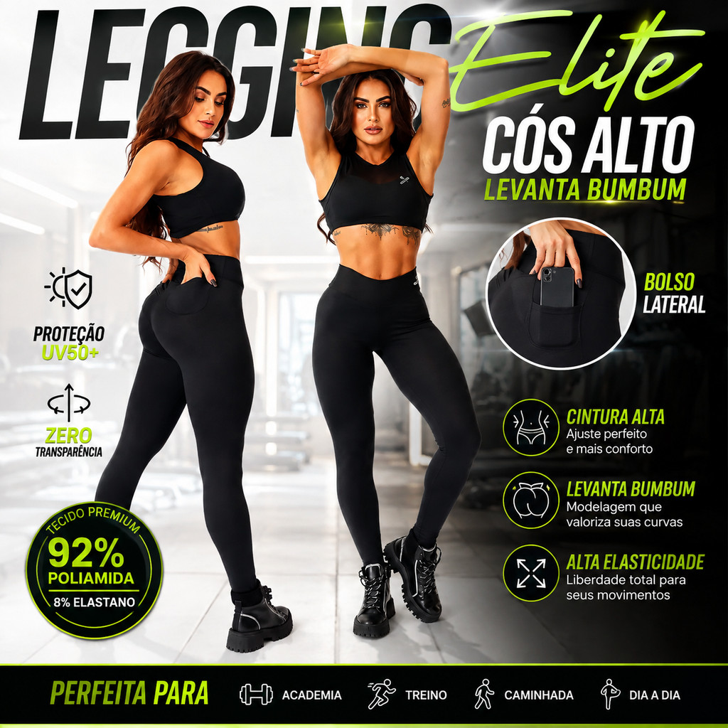 Calça Legging Fitness Feminina Elite Cós Alto Levanta Bumbum Bolso UV50 Academia Musculação Treino Caminhada Performance
