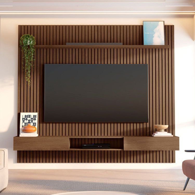Painel Ripado para TV até 85 Polegadas 100% MDF 230,5CMX250CM Nicho Aloe Marrom Cedro Espresso Móveis Cedro