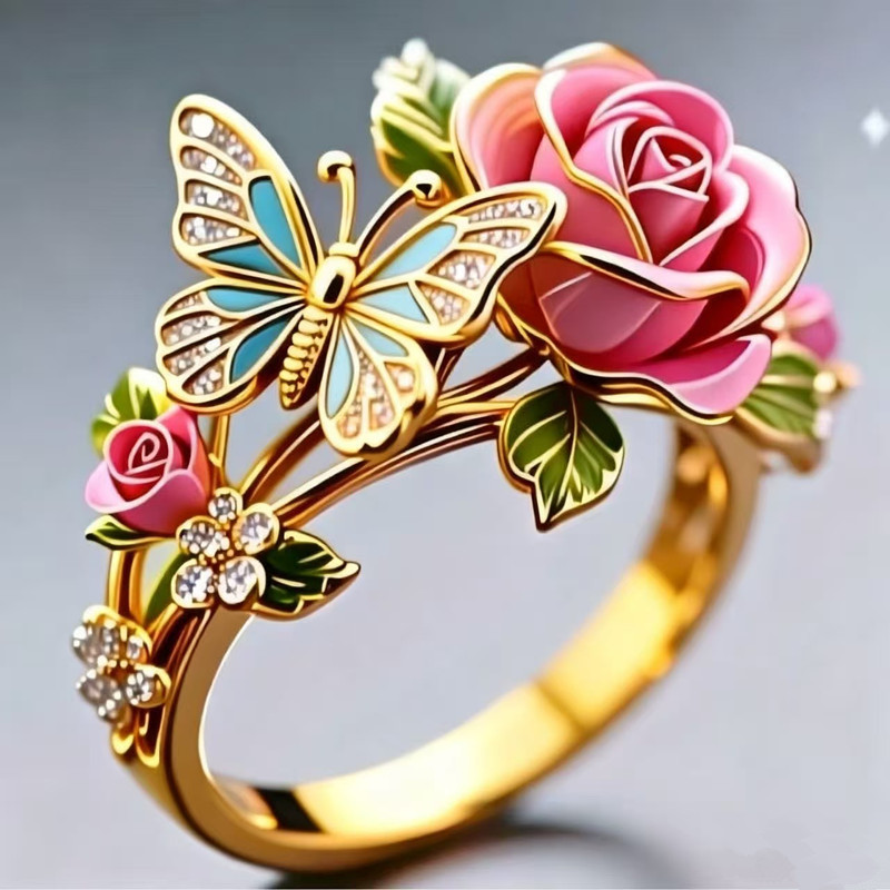 Anel aberto com design floral de borboleta e detalhes em resina, anel tridimensional, joia de luxo leve com borboleta, n