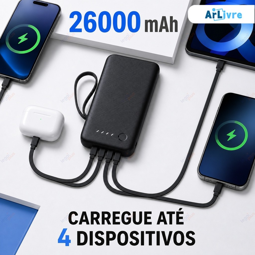Power Bank 26000mAh Alta Capacidade Carregador Rápido Portátil com 4 Cabos USB,  Uso Diário e Viagens