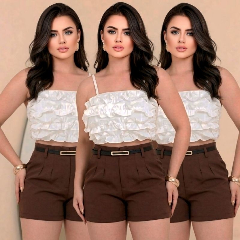 Short Feminino Alfaiataria Com Bolso Cinto Cintura Alta Social