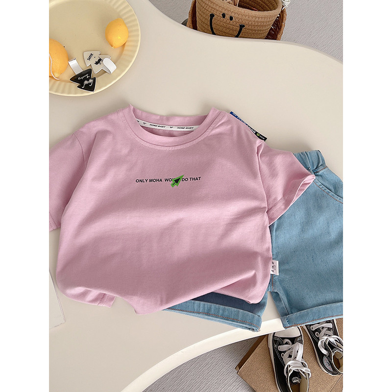 Crianças verão algodão de manga curta terno meninos meninas versão coreana carta impressa camiseta Denim Shorts terno de
