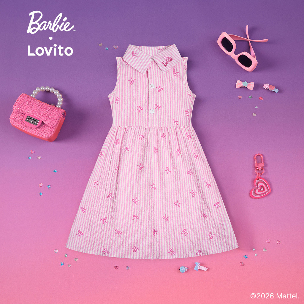 BarbieTM X Lovito Kids Vestido Rosa Menina Primavera/Verão Flare até Joelho Bordado e Botões LBL5AD030