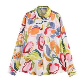 Novo Produto de Verão 2026: Camisa Feminina Simples e Casual de Manga Longa com Gola e Estampa Floral em Textura de Seda