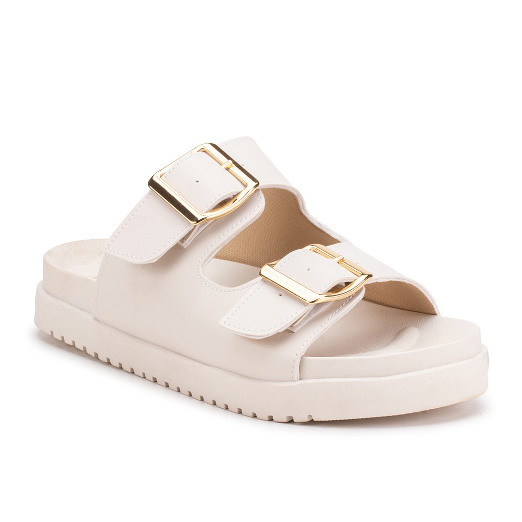 Sandália Papete Gra Feminina Flatform Fivela Dourada Confortável Tendência Moderna Verão