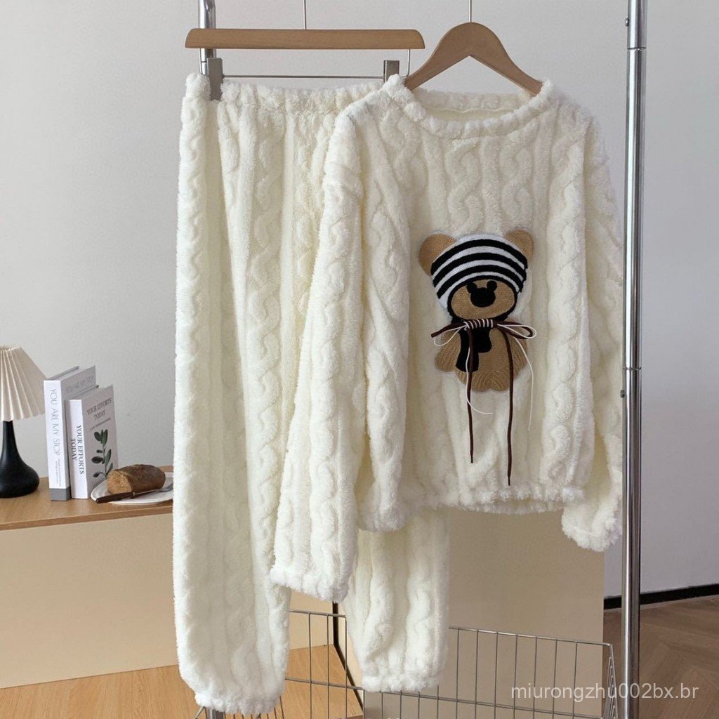 Pijama de pelúcia grossa com estampa de desenho animado, conjunto de fleece coral para mulheres, duas peças de inverno, 