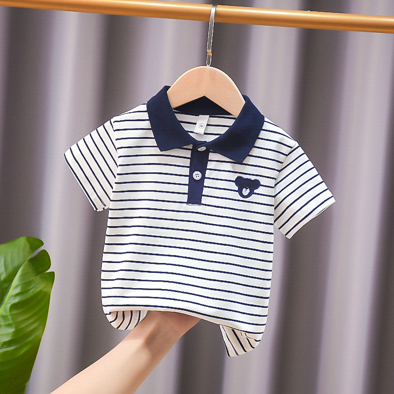 Versão coreana listrado crianças de manga curta camiseta fina bebê polo camisa puro algodão verão roupas infantis menino
