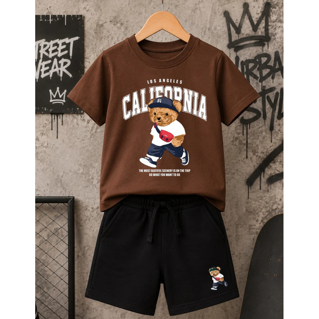 Conjunto Infantil Menino Ursinho Camiseta 100% Algodão Bermuda Moletinho Roupa Verão Streetwear Confortável