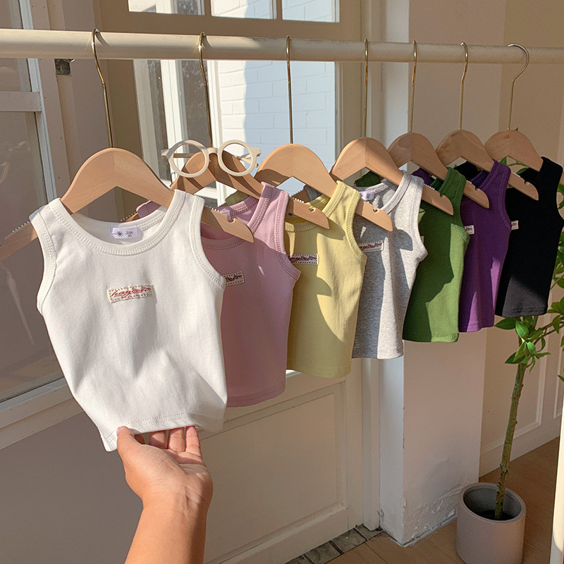 Meninas pequeno colete novo estilo camiseta verão menina bebê moda estilo curto crianças verão algodão meninos sem manga