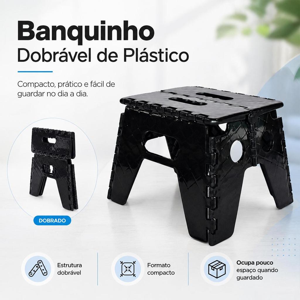 Banquinho Dobrável de Plástico Compacto e Prático Preto - Arqplast