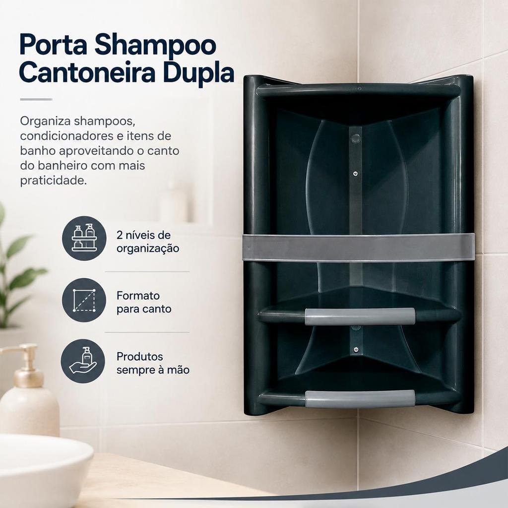 Porta Shampoo Cantoneira Dupla para Banheiro Preto - Arqplast