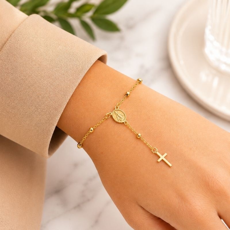 Pulseira Terço Nossa Senhora Aparecida Folheado Prata Ouro