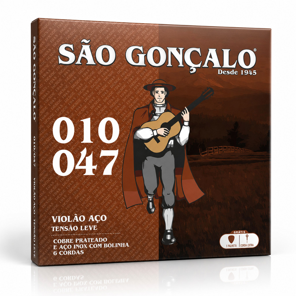 Encordoamento Violão Aço São Gonçalo 010 047 Tensão Leve Cobre Prateado com Bolinha