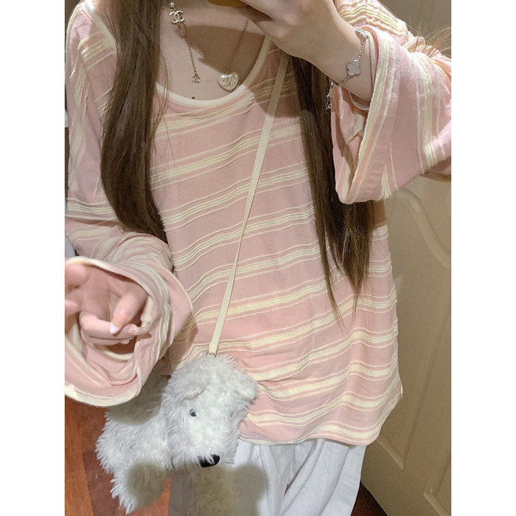 Rosa contraste cor listrado manga comprida camiseta feminina 2026 Design nicho estilo coreano estilo preguiçoso tipo sol