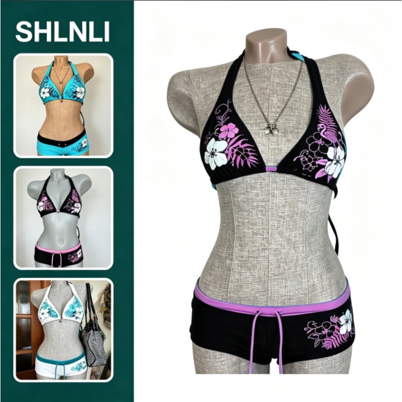 2 Peças/Conjunto De Biquíni Feminino De Verão Frente Única Com Decote Em V Profundo Floral Estampa Tropical Praia Resort