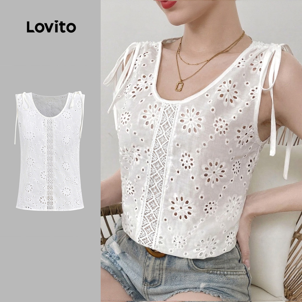 Lovito Floral Top Feminino Branco Com Bordado E Amarração L199ED137
