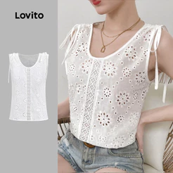 Lovito Floral Top Feminino Branco Com Bordado E Amarração L199ED137