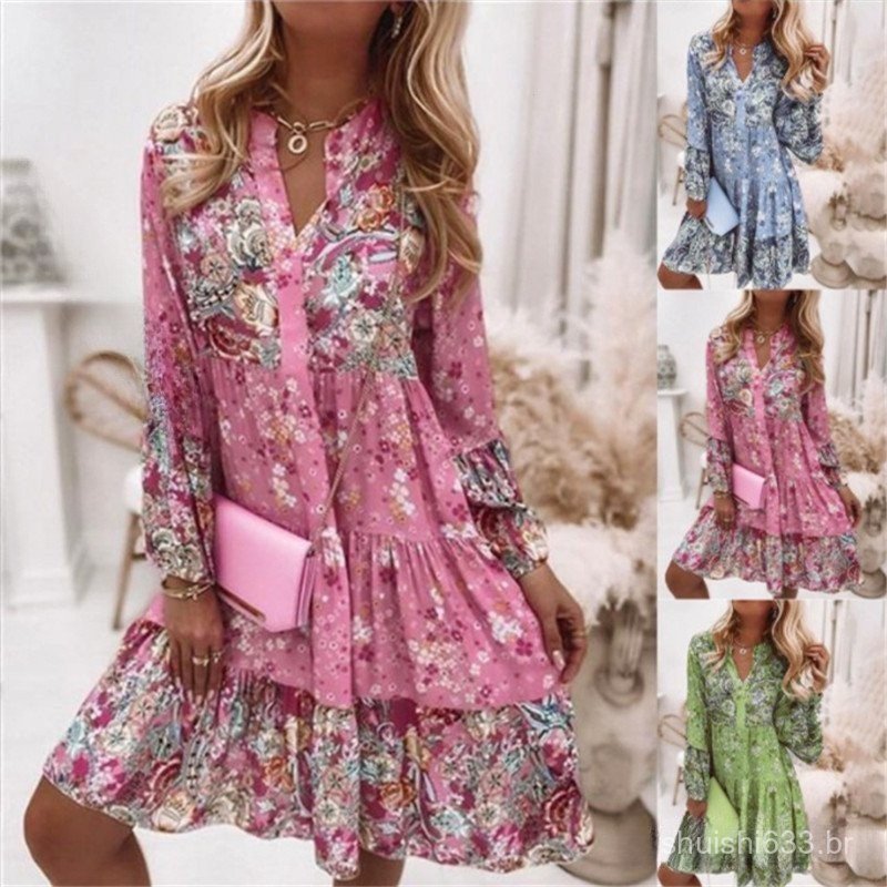 Vestido Curto Com Mangas Compridas , Decote Em V , Estampa Floral E Babados Para Mulheres PYTQ