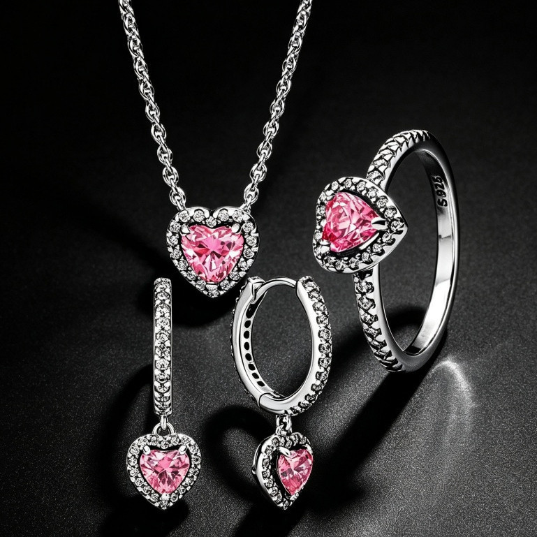[Envio Rápido] Conjunto de colar, anel e brincos femininos da coleção Coração Rosa em prata de lei 925, presente para o 