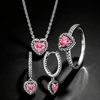 [Envio Rápido] Conjunto de colar, anel e brincos femininos da coleção Coração Rosa em prata de lei 925, presente para o 