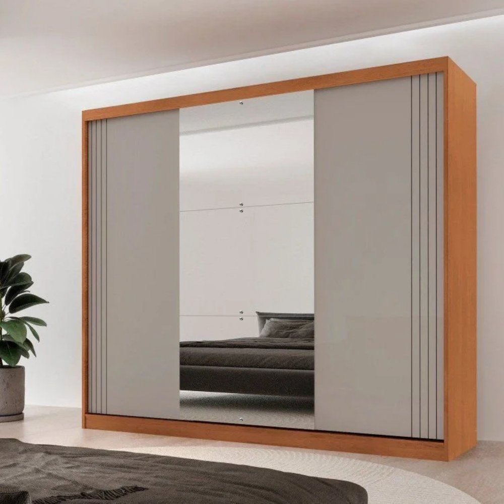 Guarda-Roupa Casal 100% MDF 3 Portas de Correr 4 Gavetas 6 Prateleiras c/ Espelho Chile Offwhite/Mar Naturalle/Off White