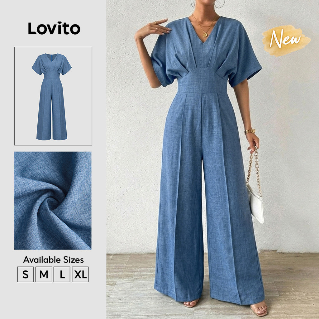 (New Arrival) Lovito Macacão Azul Casual De Meio Mangas Pregueado Para Primavera Verão Fim De Semana E Férias Para Mulheres JRK9BR163