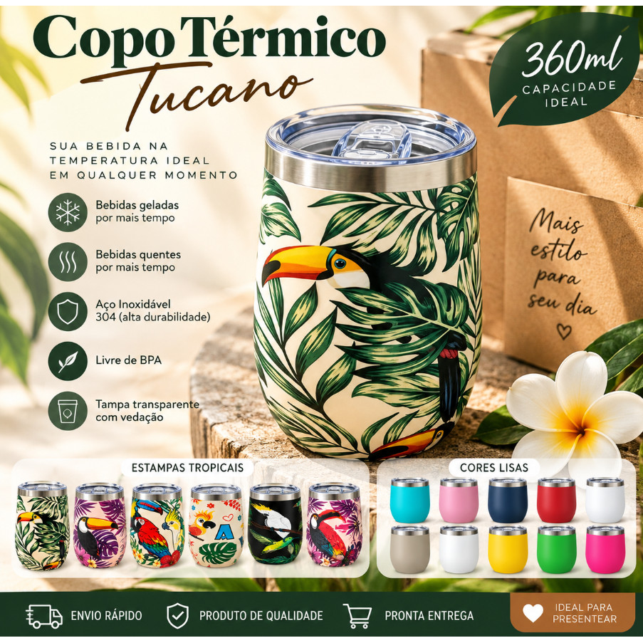 Copo Térmico Inox 360ml Com Tampa Parede Dupla Cores E Estampas Variadas Café Chá Cerveja