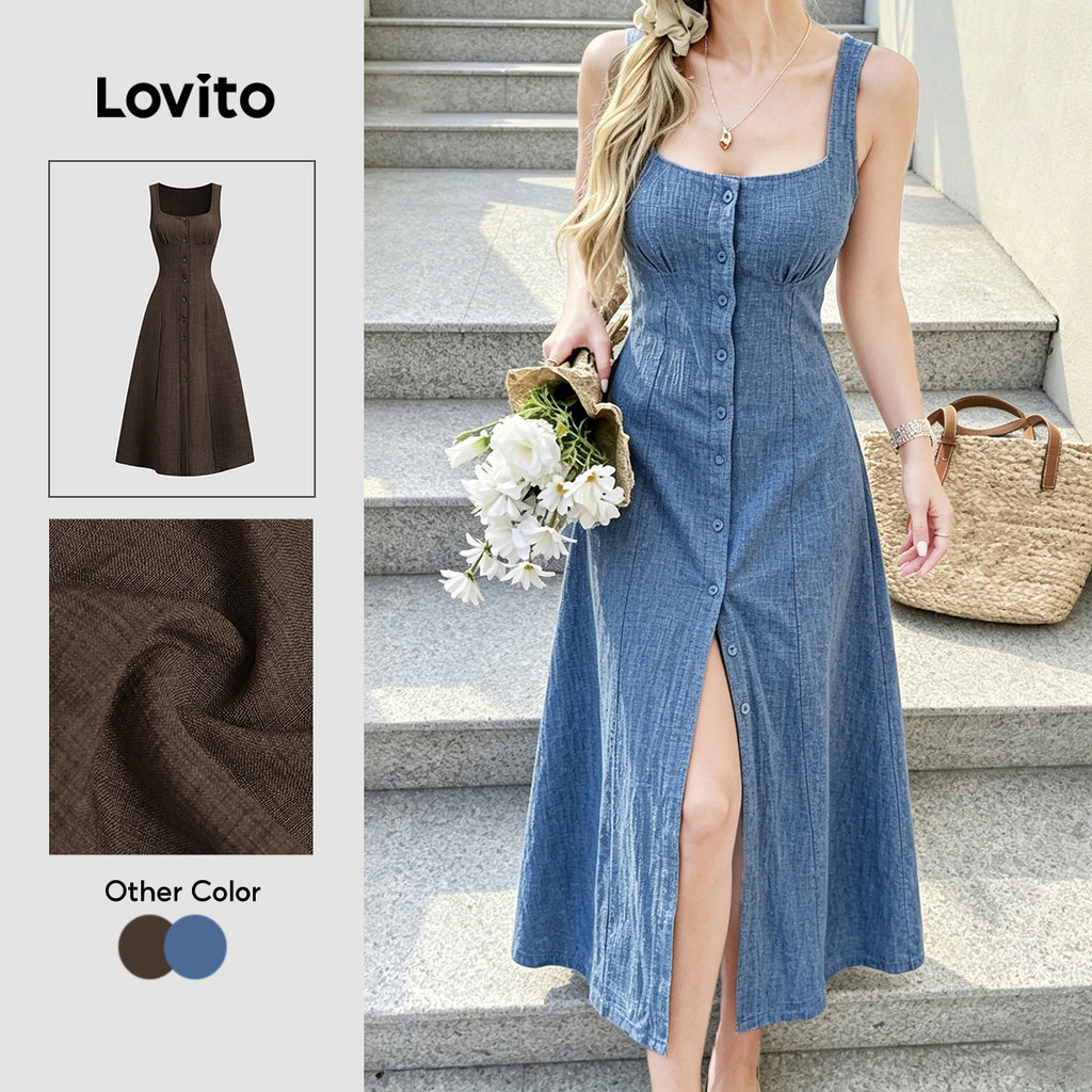 Lovito Vestido Azul Feminino e Fenda e Acabamento em Babado para primavera/verão LK7ED1409