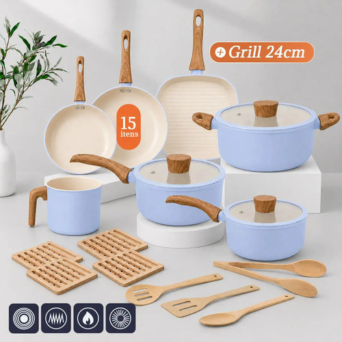 Jogo De Panelas 15 Peças c/ Grill Antiaderente 3 Camadas Cerâmica PFOA Free Indução todos os fogões PPG Neoglide Tuut