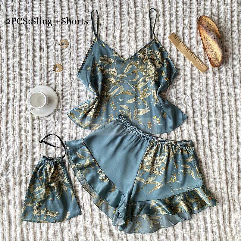 Conjunto De Pijamas Estampados Pequena Cereja Femininos Camisola De Cetim Com Suspensório Shorts Roupas Para Casa
